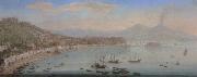 Tommaso Ruiz Naples,a view of the bay seen from posillipo with the omlo grande in the centre and mount vesuvius beyond oil painting
